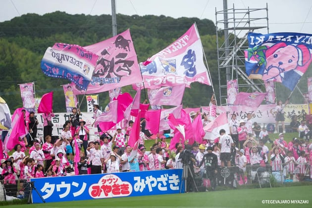 試合中、ゴール裏でフラッグを掲げて声援を送るテゲバジャーロ宮崎のサポーター